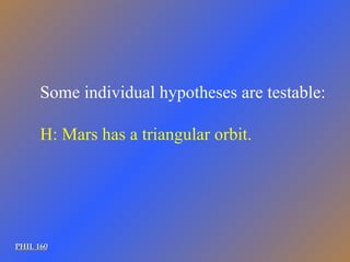 PHIL 160 Some individual hypotheses are testable: H: Mars has a triangular orbit. 