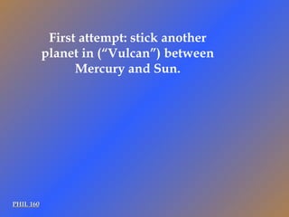 PHIL 160 First attempt: stick another planet in (“Vulcan”) between Mercury and Sun. 