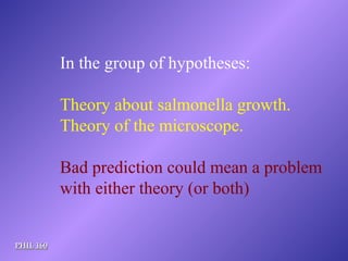 PHIL 160 In the group of hypotheses: Theory about salmonella growth. Theory of the microscope. Bad prediction could mean a problem with either theory (or both) 