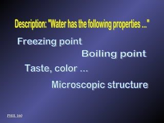 Description: "Water has the following properties ..." PHIL 160 Freezing point Taste, color ... Boiling point Microscopic structure 
