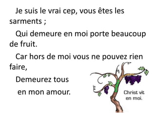 Je suis le vrai cep, vous êtes les
sarments ;
Qui demeure en moi porte beaucoup
de fruit.
Car hors de moi vous ne pouvez rien
faire,
Demeurez tous
en mon amour.
 