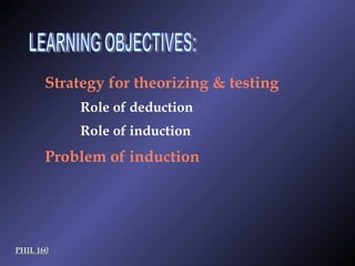 LEARNING OBJECTIVES: PHIL 160 Strategy for theorizing & testing Role of deduction Role of induction Problem of induction 