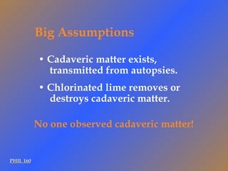 PHIL 160 Big Assumptions •  Cadaveric matter exists, transmitted from autopsies. •  Chlorinated lime removes or destroys cadaveric matter. No one observed cadaveric matter! 