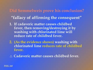 PHIL 160 If cadaveric matter causes childbed fever, then removing/destroying it by washing with chlorinated lime will reduce rate of childbed fever. (As the evidence shows)  washing with chlorinated lime  reduces rate of childbed fever.    Cadaveric matter causes childbed fever. Did Semmelweis prove his conclusion? “ fallacy of affirming the consequent” 
