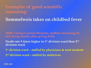 PHIL 160 Exemplar of good scientific reasoning: Semmelweis takes on childbed fever 1840s Vienna General Hospital, mothers becoming ill and dying shortly after giving birth. Death rate 5 times higher in 1 st  division ward than 2 nd  division ward. 1 st  division ward – staffed by physicians & med students 2 nd  division ward – staffed by midwives. 