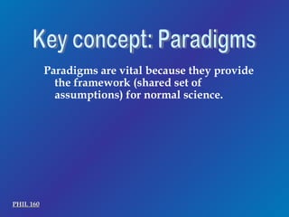 Key concept: Paradigms Paradigms are vital because they provide the framework (shared set of assumptions) for normal science. PHIL 160 