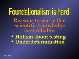 PHIL 160 Foundationalism is hard! Reasons to worry that scientific knowledge  isn’t  reliable: Holism about testing Underdetermination 