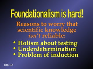 PHIL 160 Foundationalism is hard! Reasons to worry that scientific knowledge  isn’t  reliable: Holism about testing Underdetermination Problem of induction 