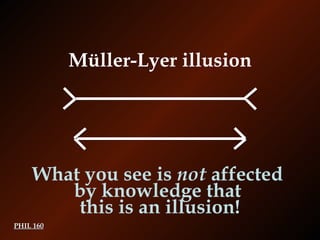 PHIL 160 What you see is  not  affected  by knowledge that  this is an illusion! Müller-Lyer illusion 