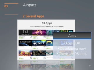 17
03
2 Several Apps
Airspace
Apps
• Free SDK
• Developing now
• There are 98 apps
 