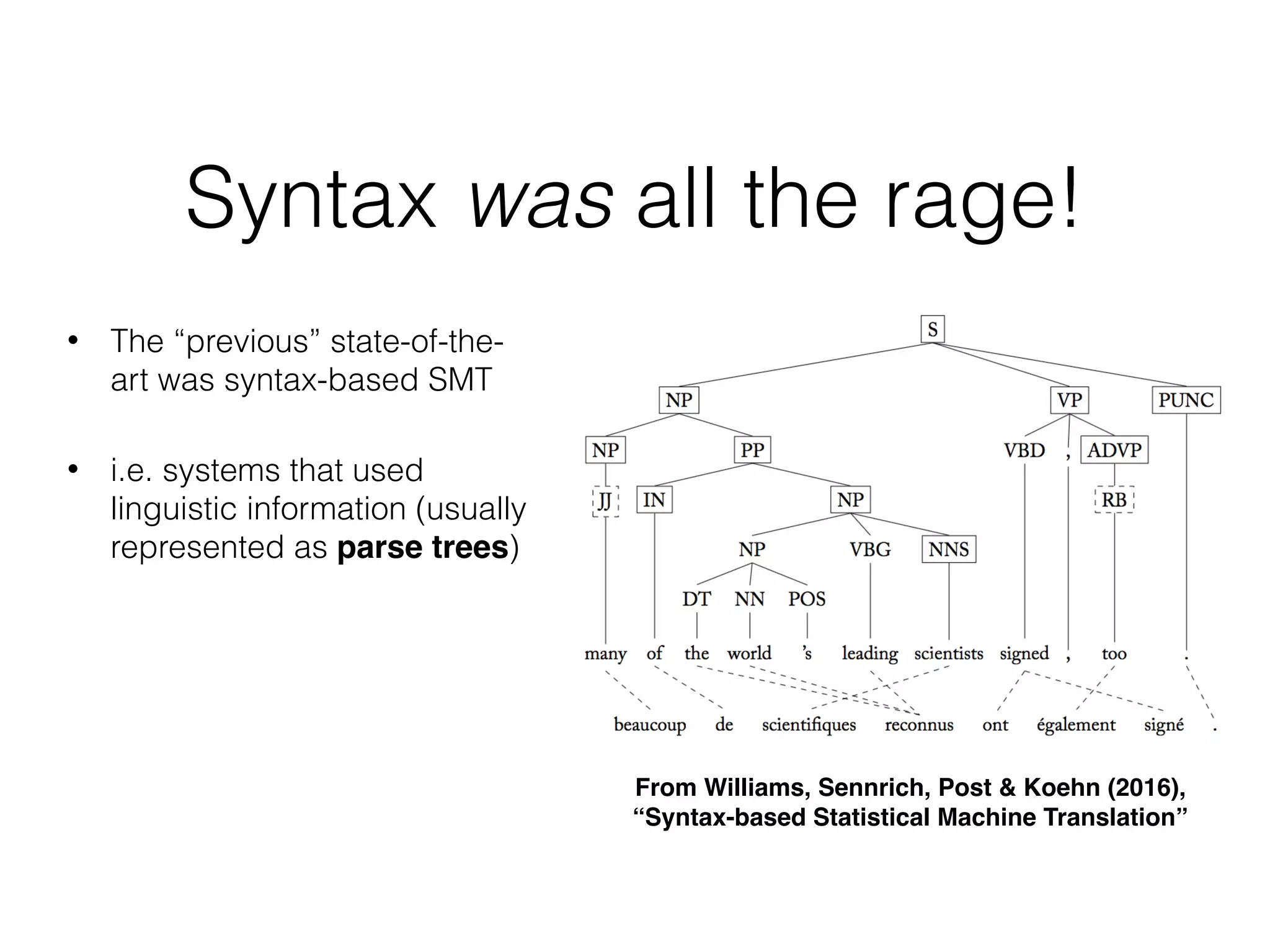 From Williams, Sennrich, Post & Koehn (2016),
“Syntax-based Statistical Machine Translation”
Syntax was all the rage!
• The “previous” state-of-the-
art was syntax-based SMT
• i.e. systems that used
linguistic information (usually
represented as parse trees)
 