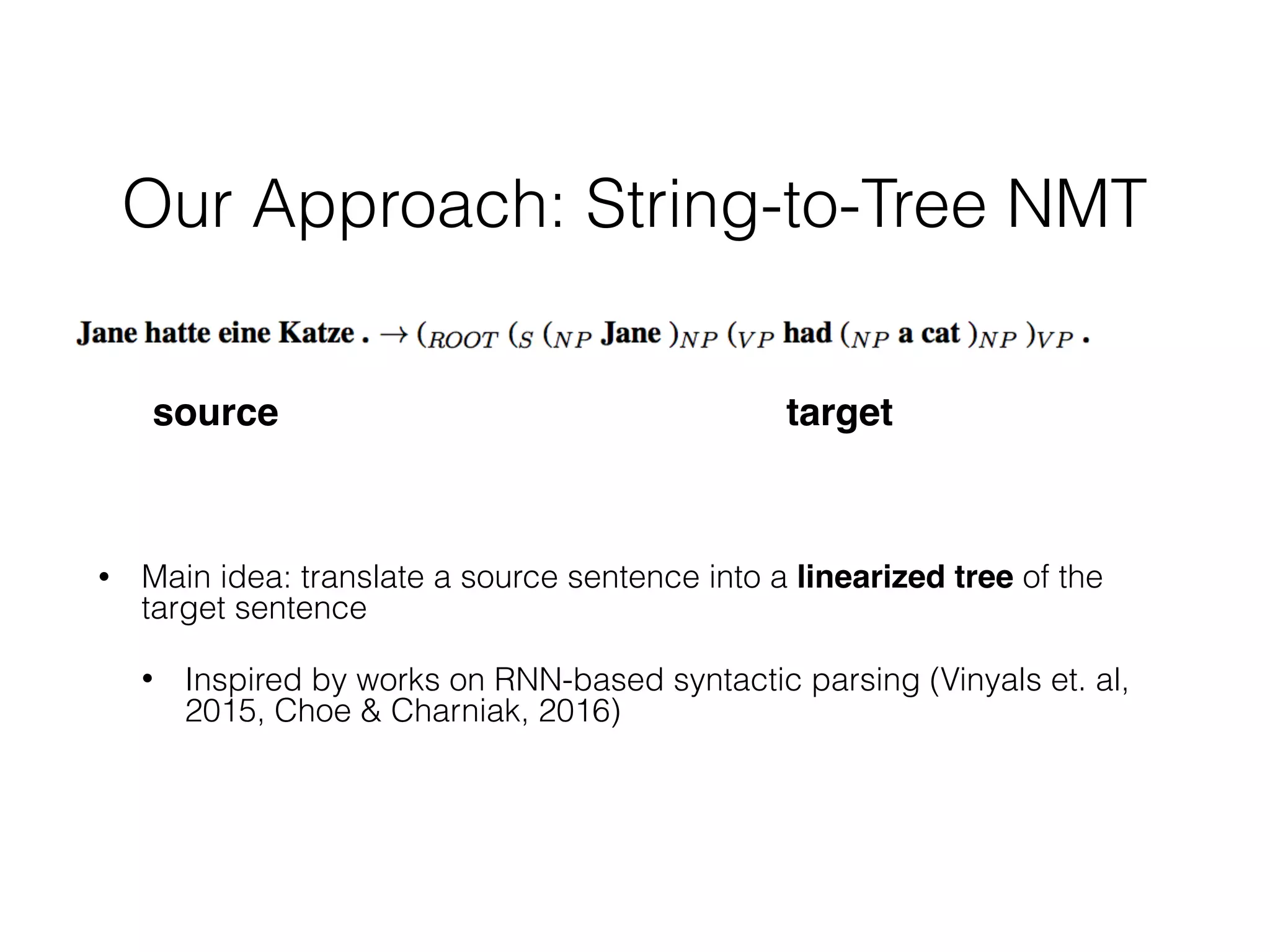 Our Approach: String-to-Tree NMT
• Main idea: translate a source sentence into a linearized tree of the
target sentence
• Inspired by works on RNN-based syntactic parsing (Vinyals et. al,  
2015, Choe & Charniak, 2016)
source target
 