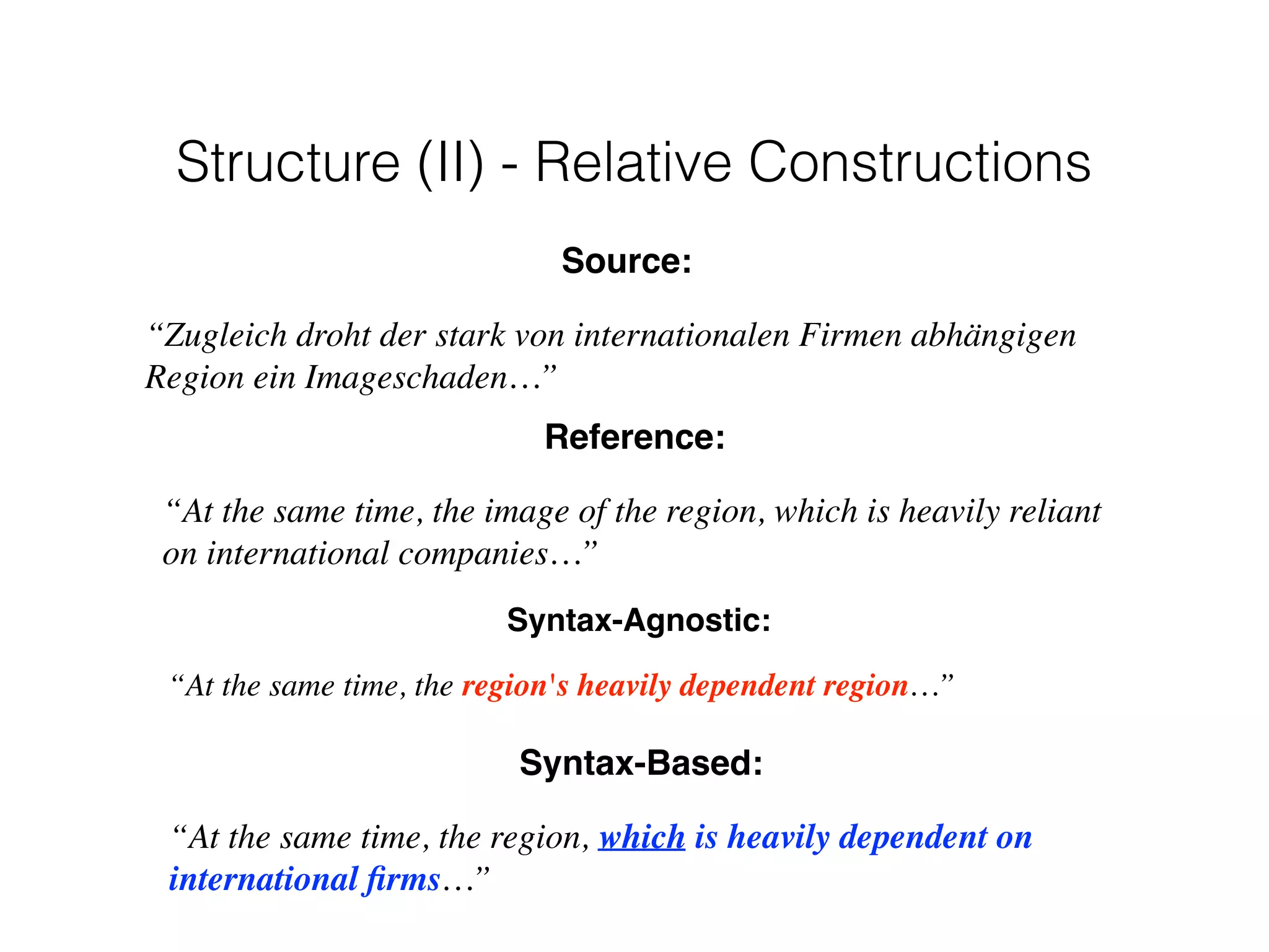 Syntax-Agnostic:
“At the same time, the region's heavily dependent region…”
Syntax-Based:
“At the same time, the region, which is heavily dependent on
international ﬁrms…”
Reference:
“At the same time, the image of the region, which is heavily reliant
on international companies…”
Source:
“Zugleich droht der stark von internationalen Firmen abhängigen
Region ein Imageschaden…”
Structure (II) - Relative Constructions
 