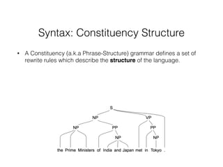 Syntax: Constituency Structure
• A Constituency (a.k.a Phrase-Structure) grammar deﬁnes a set of
rewrite rules which describe the structure of the language.
 