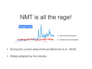 NMT is all the rage!
• Driving the current state-of-the-art (Sennrich et al., 2016)
• Widely adopted by the industry
 