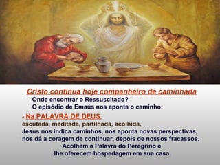 Cristo continua hoje companheiro de caminhada
Onde encontrar o Ressuscitado?
O episódio de Emaús nos aponta o caminho:
- Na PALAVRA DE DEUS,
escutada, meditada, partilhada, acolhida,
Jesus nos indica caminhos, nos aponta novas perspectivas,
nos dá a coragem de continuar, depois de nossos fracassos.
Acolhem a Palavra do Peregrino e
lhe oferecem hospedagem em sua casa.
 