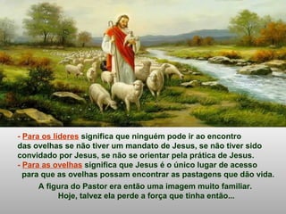 - Para os líderes significa que ninguém pode ir ao encontro
das ovelhas se não tiver um mandato de Jesus, se não tiver sido
convidado por Jesus, se não se orientar pela prática de Jesus.
- Para as ovelhas significa que Jesus é o único lugar de acesso
para que as ovelhas possam encontrar as pastagens que dão vida.
A figura do Pastor era então uma imagem muito familiar.
Hoje, talvez ela perde a força que tinha então...
 