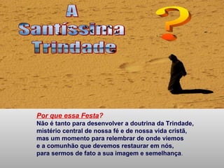Por que essa Festa?
Não é tanto para desenvolver a doutrina da Trindade,
mistério central de nossa fé e de nossa vida cristã,
mas um momento para relembrar de onde viemos
e a comunhão que devemos restaurar em nós,
para sermos de fato a sua imagem e semelhança.
 