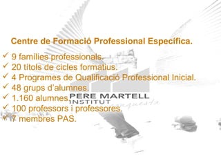 Centre de Formació Professional Específica.
 9 famílies professionals.
 20 títols de cicles formatius.
 4 Programes de Qualificació Professional Inicial.
 48 grups d’alumnes.
 1.160 alumnes.
 100 professors i professores.
 7 membres PAS.

www.institutperemartell.cat

 