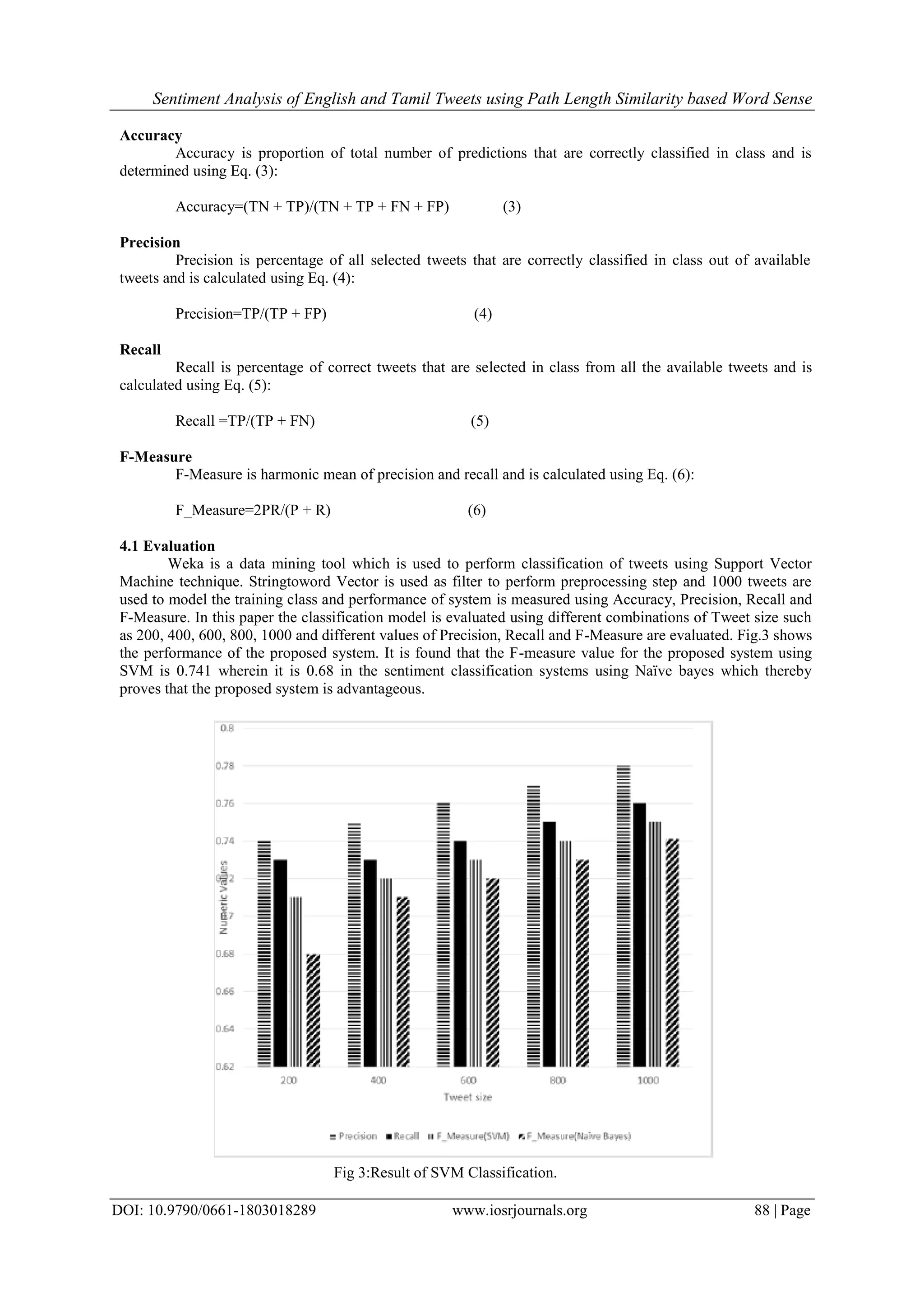 Sentiment Analysis of English and Tamil Tweets using Path Length Similarity based Word Sense
DOI: 10.9790/0661-1803018289 www.iosrjournals.org 88 | Page
Accuracy
Accuracy is proportion of total number of predictions that are correctly classified in class and is
determined using Eq. (3):
Accuracy=(TN + TP)/(TN + TP + FN + FP) (3)
Precision
Precision is percentage of all selected tweets that are correctly classified in class out of available
tweets and is calculated using Eq. (4):
Precision=TP/(TP + FP) (4)
Recall
Recall is percentage of correct tweets that are selected in class from all the available tweets and is
calculated using Eq. (5):
Recall =TP/(TP + FN) (5)
F-Measure
F-Measure is harmonic mean of precision and recall and is calculated using Eq. (6):
F_Measure=2PR/(P + R) (6)
4.1 Evaluation
Weka is a data mining tool which is used to perform classification of tweets using Support Vector
Machine technique. Stringtoword Vector is used as filter to perform preprocessing step and 1000 tweets are
used to model the training class and performance of system is measured using Accuracy, Precision, Recall and
F-Measure. In this paper the classification model is evaluated using different combinations of Tweet size such
as 200, 400, 600, 800, 1000 and different values of Precision, Recall and F-Measure are evaluated. Fig.3 shows
the performance of the proposed system. It is found that the F-measure value for the proposed system using
SVM is 0.741 wherein it is 0.68 in the sentiment classification systems using Naïve bayes which thereby
proves that the proposed system is advantageous.
Fig 3:Result of SVM Classification.
 