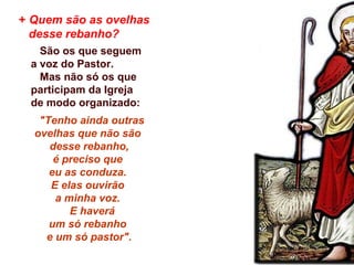 + Quem são as ovelhas
desse rebanho?
São os que seguem
a voz do Pastor.
Mas não só os que
participam da Igreja
de modo organizado:
"Tenho ainda outras
ovelhas que não são
desse rebanho,
é preciso que
eu as conduza.
E elas ouvirão
a minha voz.
E haverá
um só rebanho
e um só pastor".
 