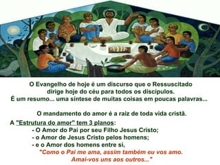 O Evangelho de hoje é um discurso que o Ressuscitado
dirige hoje do céu para todos os discípulos.
É um resumo... uma síntese de muitas coisas em poucas palavras...
O mandamento do amor é a raiz de toda vida cristã.
A "Estrutura do amor" tem 3 planos:
- O Amor do Pai por seu Filho Jesus Cristo;
- o Amor de Jesus Cristo pelos homens;
- e o Amor dos homens entre si,
"Como o Pai me ama, assim também eu vos amo.
Amai-vos uns aos outros..."
 