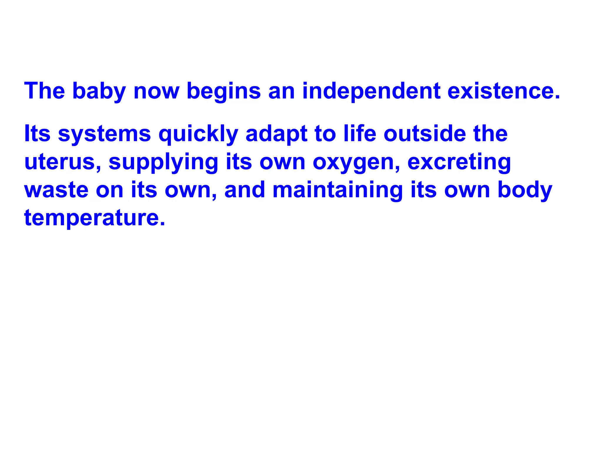 The baby now begins an independent existence.  Its systems quickly adapt to life outside the uterus, supplying its own oxygen, excreting waste on its own, and maintaining its own body temperature. 