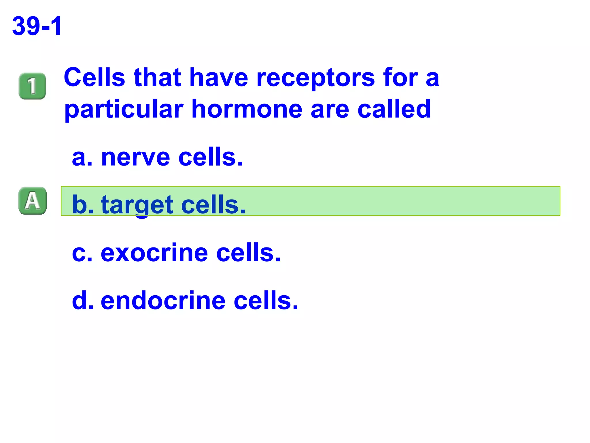 39-1 Cells that have receptors for a particular hormone are called  nerve cells. target cells. exocrine cells. endocrine cells. 