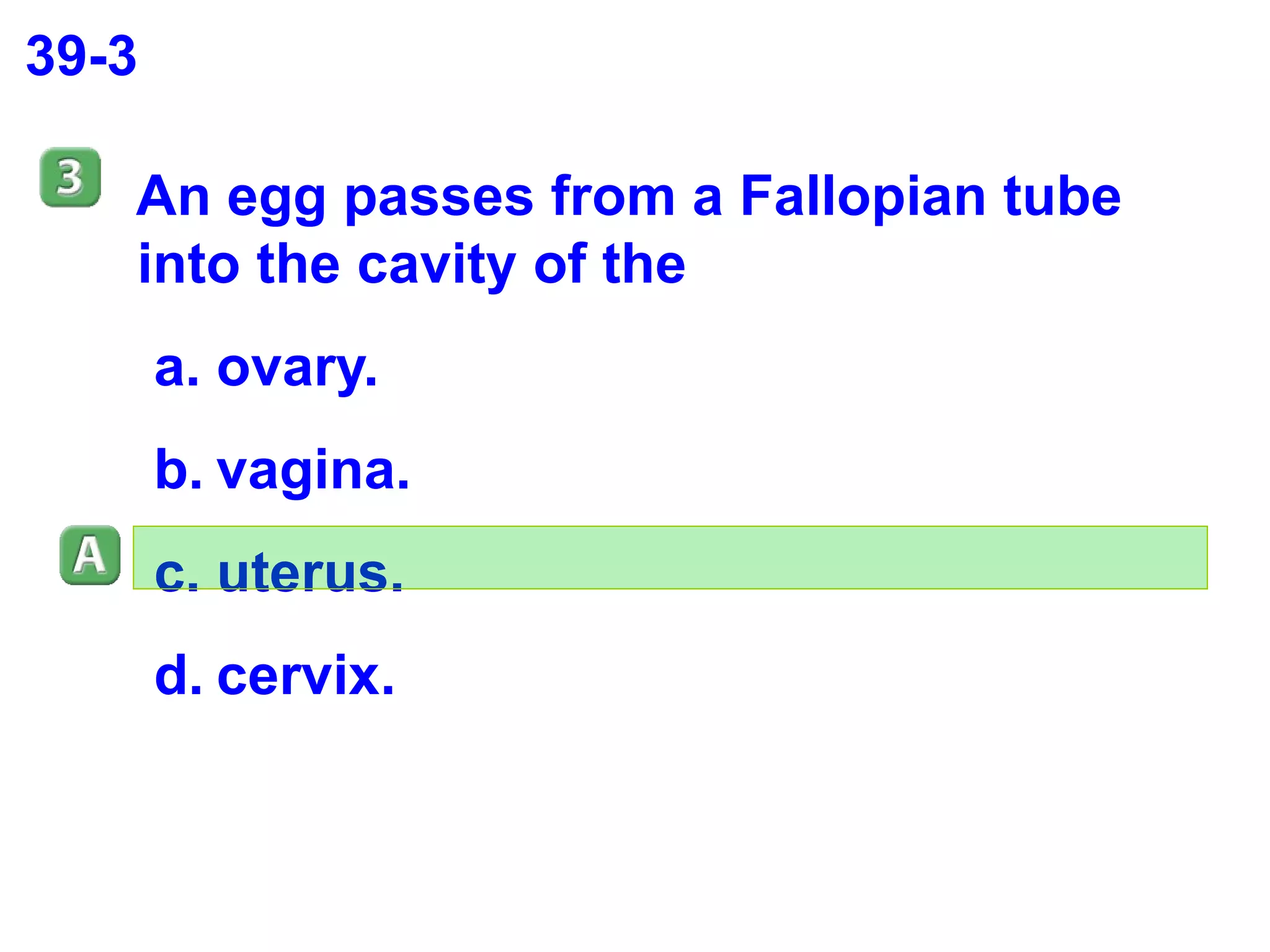 39-3 An egg passes from a Fallopian tube into the cavity of the  ovary. vagina. uterus. cervix. 