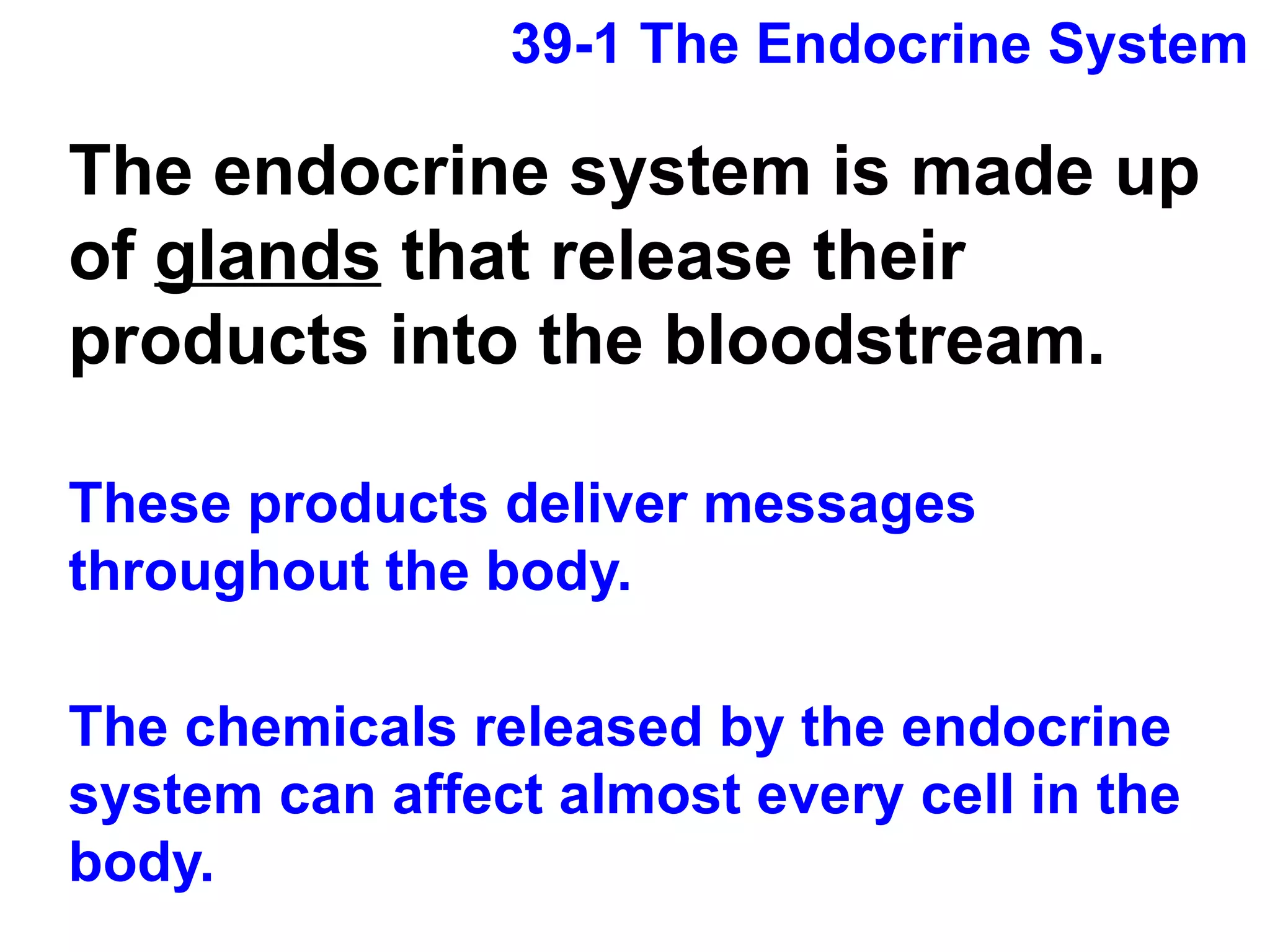 39-1 The Endocrine System The endocrine system is made up of  glands  that release their products into the bloodstream.   These products deliver messages throughout the body. The chemicals released by the endocrine system can affect almost every cell in the body. 