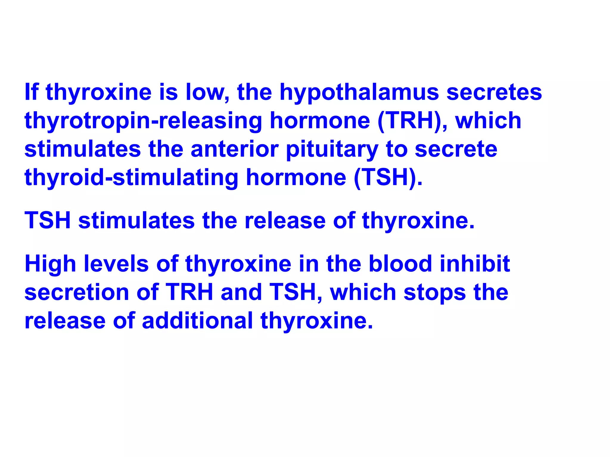 If thyroxine is low, the hypothalamus secretes thyrotropin-releasing hormone (TRH), which stimulates the anterior pituitary to secrete thyroid-stimulating hormone (TSH).  TSH stimulates the release of thyroxine.  High levels of thyroxine in the blood inhibit secretion of TRH and TSH, which stops the release of additional thyroxine.  