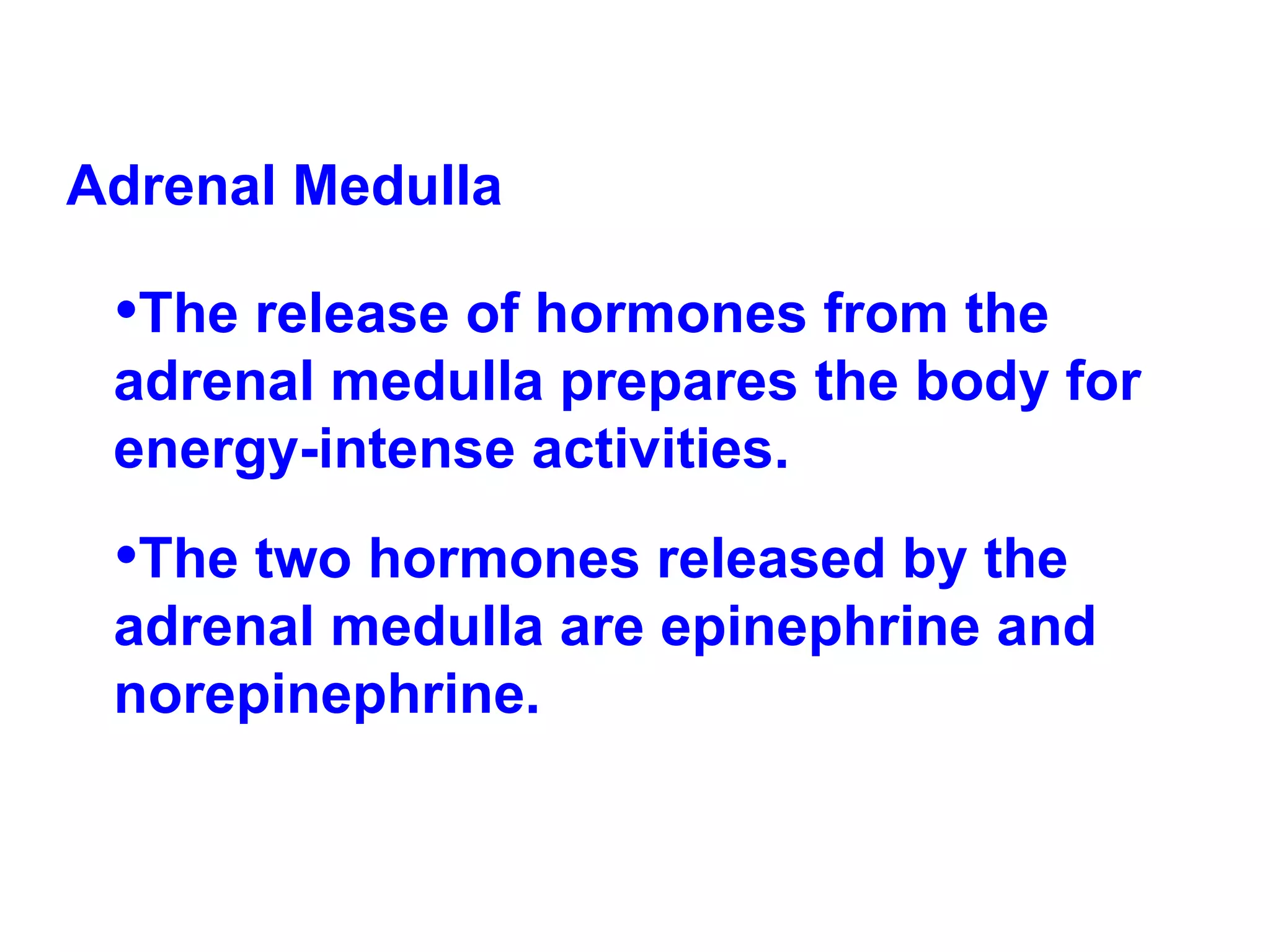 Adrenal Medulla The release of hormones from the adrenal medulla prepares the body for energy-intense activities. The two hormones released by the adrenal medulla are epinephrine and norepinephrine. 