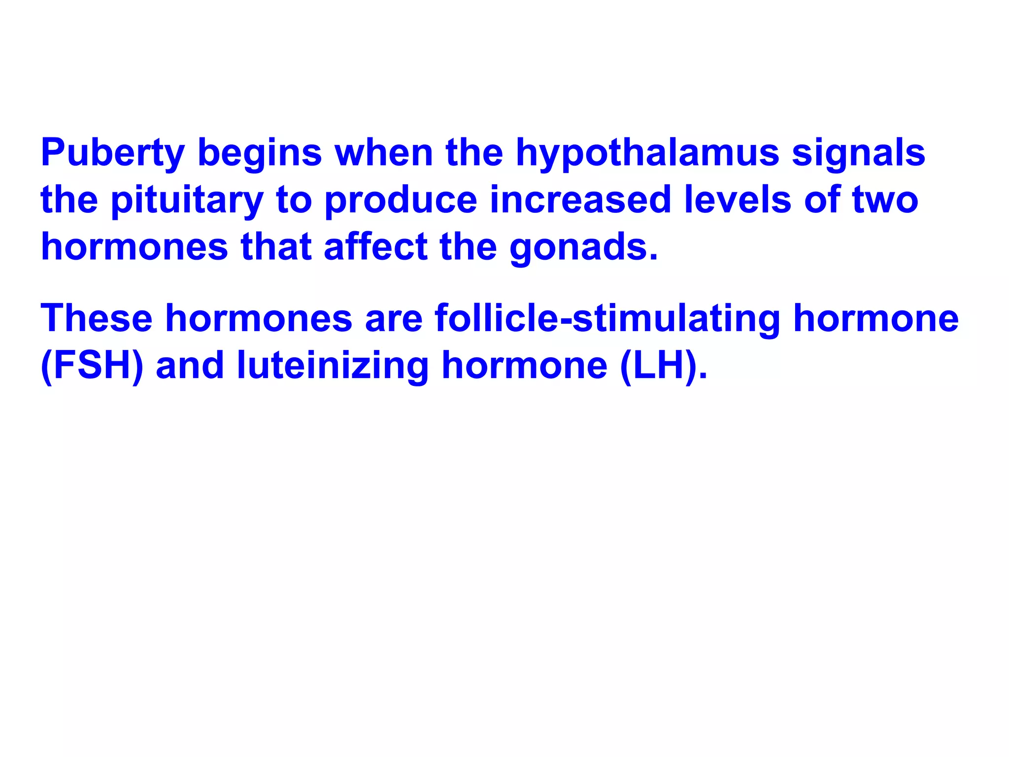 Puberty begins when the hypothalamus signals the pituitary to produce increased levels of two hormones that affect the gonads.  These hormones are follicle-stimulating hormone (FSH) and luteinizing hormone (LH). 