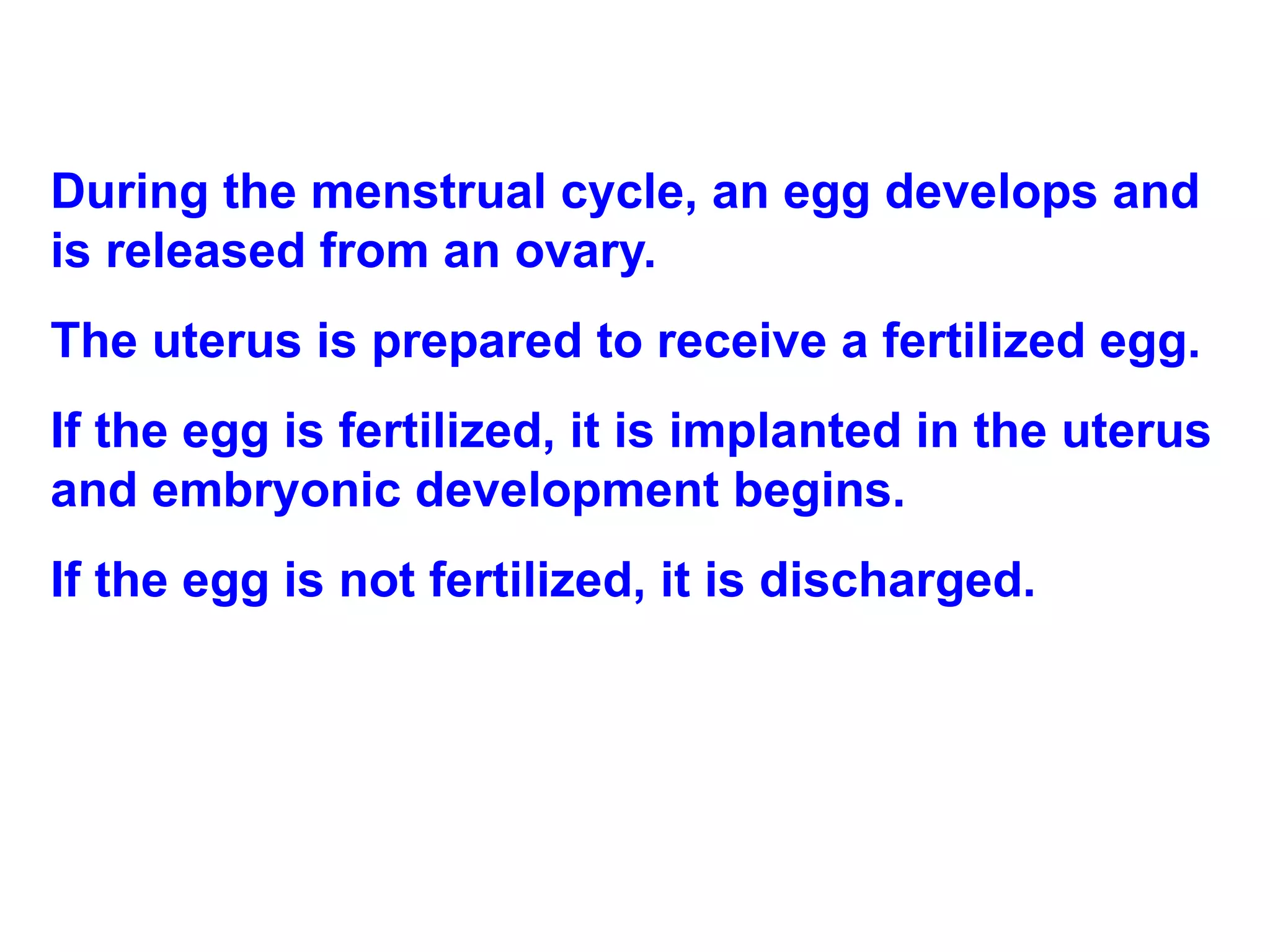 During the menstrual cycle, an egg develops and is released from an ovary.  The uterus is prepared to receive a fertilized egg.  If the egg is fertilized, it is implanted in the uterus and embryonic development begins.  If the egg is not fertilized, it is discharged.  
