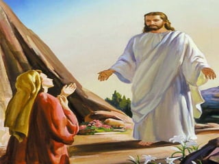 Mas quando
ela o encontra,
a fé desponta
em seu coração.
* Ela representa
a nova comunidade,
que inicialmente
acredita
que a morte
triunfou e vai
procurar Jesus
morto no sepulcro.
Diante do sepulcro
vazio, percebe que
a morte não venceu
e que Jesus
continua vivo.
 