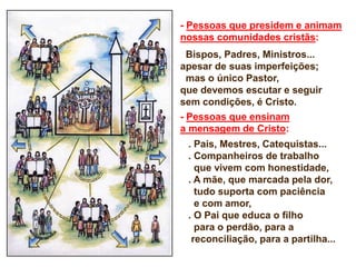- Pessoas que presidem e animam
nossas comunidades cristãs:
Bispos, Padres, Ministros...
apesar de suas imperfeições;
mas o único Pastor,
que devemos escutar e seguir
sem condições, é Cristo.
- Pessoas que ensinam
a mensagem de Cristo:
. Pais, Mestres, Catequistas...
. Companheiros de trabalho
que vivem com honestidade,
. A mãe, que marcada pela dor,
tudo suporta com paciência
e com amor,
. O Pai que educa o filho
para o perdão, para a
reconciliação, para a partilha...
 