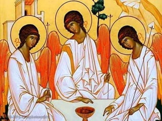 - aquele que ama,
- aquele que é amado
- o amor entre os dois.
- Ao "Amor amante",
nós chamamos de PAI;
- ao "Amor amado",
de FILHO;
- ao "Amor que circula
entre os dois e
os abre para o mundo
e a humanidade",
ESPÍRITO SANTO
E o amor é,
ao mesmo tempo,
três e um:
As Leituras nos ajudam a entender melhor
esse tema central da fé:
 