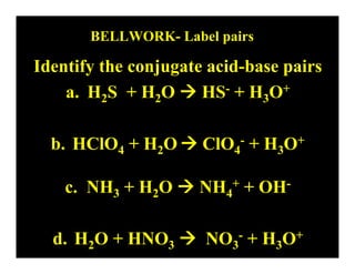 BELLWORK- Label pairs

Identify the conjugate acid-base pairs
    a. H2S + H2O  HS- + H3O+

  b. HClO4 + H2O  ClO4- + H3O+

    c. NH3 + H2O  NH4+ + OH-

  d. H2O + HNO3  NO3- + H3O+
 