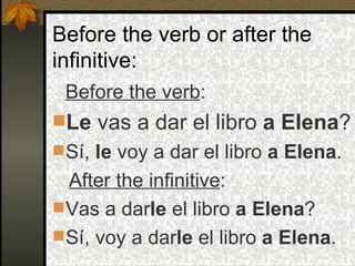 Before the verb or after the infinitive: Before the verb : Le  vas a dar el libro  a Elena ? Sí,  le  voy a dar el libro  a Elena . After the infinitive : Vas a dar le  el libro  a Elena ? Sí, voy a dar le  el libro  a Elena . 