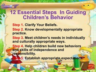 12 Essential Steps In Guiding
Children’s Behavior
Step 1. Clarify Your Beliefs.
Step 2. Know developmentally appropriate
practice.
Step 3. Meet children’s needs in individually
and culturally appropriate ways.
Step 4. Help children build new behaviors
and skills of independence and
responsibility.
Step 5. Establish appropriate expectations.
 