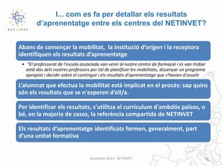 I... com es fa per detallar els resultats
d’aprenentatge entre els centres del NETINVET?
Abans de començar la mobilitat, la institució d’orígen i la receptora
identifiquen els resultats d’aprenentatge
• “El professorat de l'escola associada van venir al nostre centre de formació i es van trobar
amb dos dels nostres professors per tal de planificar les mobilitats, dissenyar un programa
apropiat i decidir sobre el contingut i els resultats d'aprenentatge que s'havien d'assolir

L’alumnat que efectua la mobilitat està implicat en el procés: sap quins
són els resultats que se n'esperen d’ell/a.
Per identificar els resultats, s'utilitza el currículum d'ambdós països, o
bé, en la majoria de casos, la referència compartida de NETINVET
Els resultats d’aprenentatge identificats formen, generalment, part
d’una unitat formativa

November 2013 - NETINVET

10

 