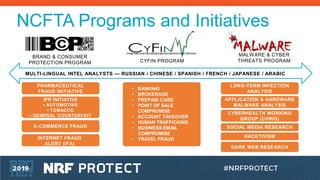 NCFTA Programs and Initiatives
CYFIN PROGRAM
BRAND & CONSUMER
PROTECTION PROGRAM
MALWARE & CYBER
THREATS PROGRAM
CYFIN PRO...