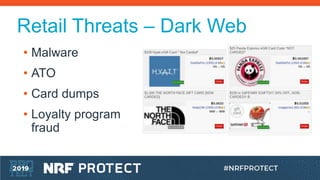 Retail Threats – Dark Web
• Malware
• ATO
• Card dumps
• Loyalty program
fraud
 