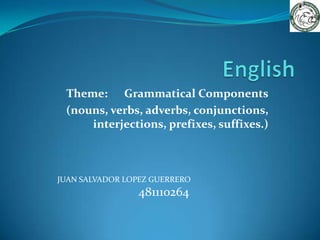 Theme: Grammatical Components
 (nouns, verbs, adverbs, conjunctions,
     interjections, prefixes, suffixes.)



JUAN SALVADOR LOPEZ GUERRERO
                 481110264
 