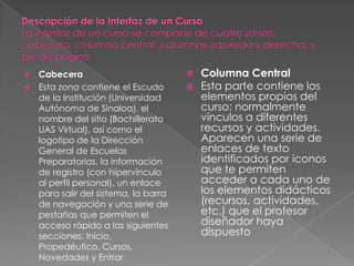  Cabecera                              Columna Central
 Esta zona contiene el Escudo          Esta parte contiene los
  de la Institución (Universidad         elementos propios del
  Autónoma de Sinaloa), el               curso: normalmente
  nombre del sitio (Bachillerato         vínculos a diferentes
  UAS Virtual), así como el              recursos y actividades.
  logotipo de la Dirección               Aparecen una serie de
  General de Escuelas                    enlaces de texto
  Preparatorias, la información          identificados por iconos
  de registro (con hipervínculo          que te permiten
  al perfil personal), un enlace         acceder a cada uno de
  para salir del sistema, la barra       los elementos didácticos
  de navegación y una serie de           (recursos, actividades,
  pestañas que permiten el               etc.) que el profesor
  acceso rápido a las siguientes         diseñador haya
  secciones: Inicio,                     dispuesto
  Propedéutico, Cursos,
  Novedades y Entrar
 