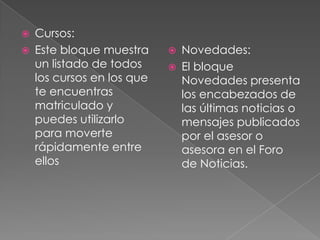    Cursos:
   Este bloque muestra        Novedades:
    un listado de todos        El bloque
    los cursos en los que       Novedades presenta
    te encuentras               los encabezados de
    matriculado y               las últimas noticias o
    puedes utilizarlo           mensajes publicados
    para moverte                por el asesor o
    rápidamente entre           asesora en el Foro
    ellos                       de Noticias.
 