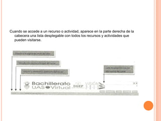 Cuando se accede a un recurso o actividad, aparece en la parte derecha de la cabecera una lista desplegable con todos los recursos y actividades que pueden visitarse.