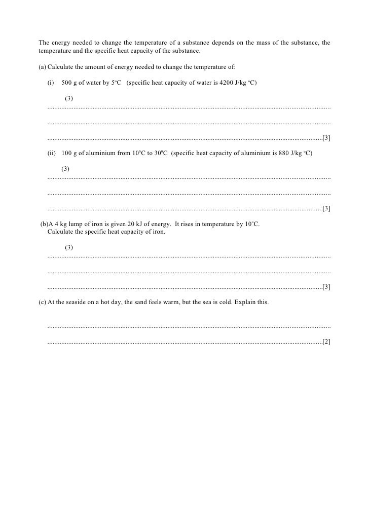 Specific heat capacity worksheet answers