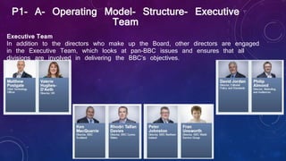 Executive Team
In addition to the directors who make up the Board, other directors are engaged
in the Executive Team, which looks at pan-BBC issues and ensures that all
divisions are involved in delivering the BBC’s objectives.
 