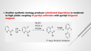  Another synthetic strategy produces substituted bipyridines in moderate
to high yields: coupling of pyridyl sulfoxides with pyridyl Grignard
reagents
 